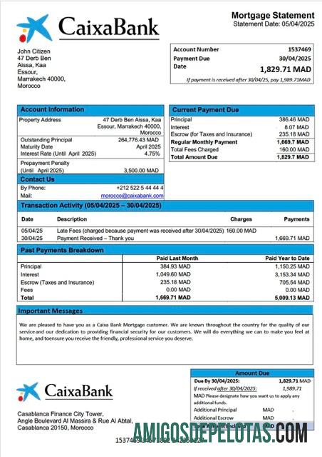 realista Modelo Word e PDF de extrato de hipoteca do Banco Caixa de Marrocos